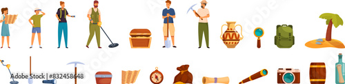 Treasure hunting icons set vector. A group of people are shown in various positions, with some holding tools and others holding items such as a camera, a bottle, and a backpack. The image is a