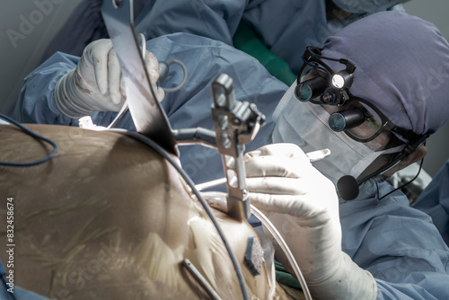 Close-up on the face of a doctor performing heart surgery on a patient in the operating room. Portrait doctor of surgeons in Surgery operating room.