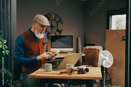 Portrait d'un homme qui tient une tablette dans ses mains et qui travaille devant un ordinateur portable photo