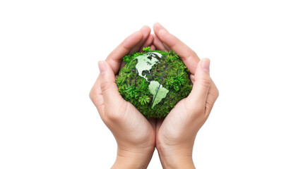 Hands holding a green globe, earth. Earth day concept