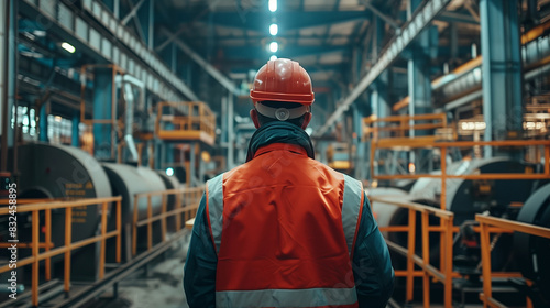 An engineer in a hard hat and reflective vest standing with their back to the camera, overlooking a busy factory floor with machinery and assembly lines, capturing industrial productivity 