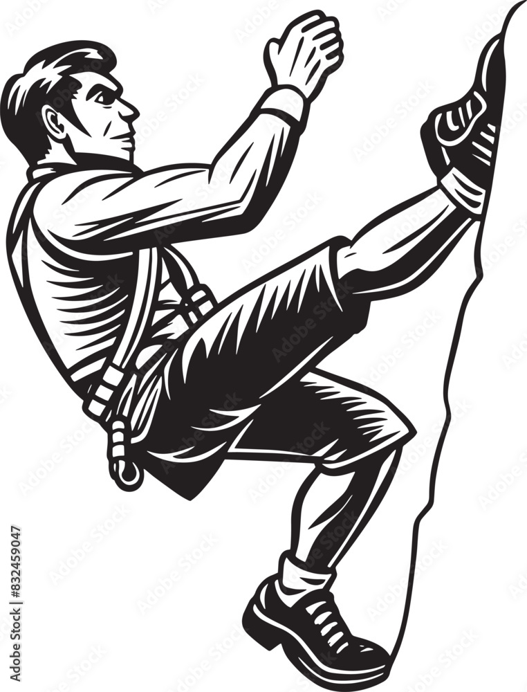 a man climbing a mountain in black and white illustration