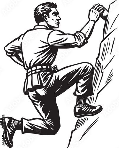 a man climbing a mountain in black and white illustration