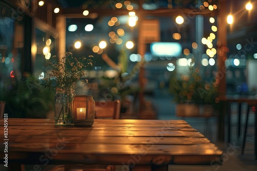 Scene with an Inviting Wooden Table and Soft Blurred Lights in the Background