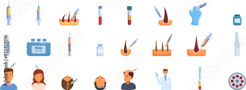 Injecting hair icons set vector. A collection of medical tools and instruments, including syringes, scalpels, and bottles. Scene is serious and professional, as it depicts medical procedures and