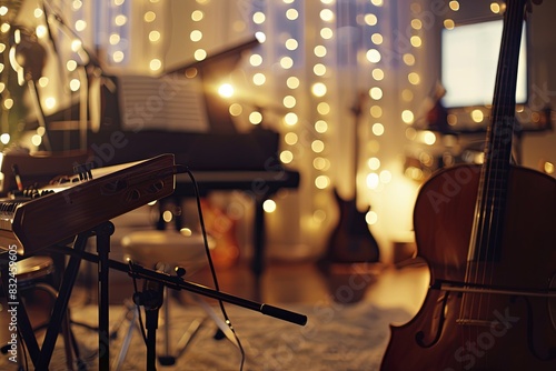 A Music Room Setup with Instruments and Soft Blurred Sheet Music photo