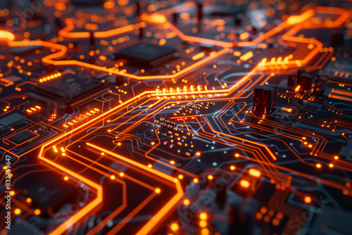 CPU Neon Flow: A Futuristic Representation of Advanced Technology with Orange Data Flowing Across a Microchip and Motherboard