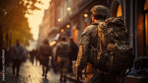 Rear view of a soldier walking on the street at sunset. © Darcraft