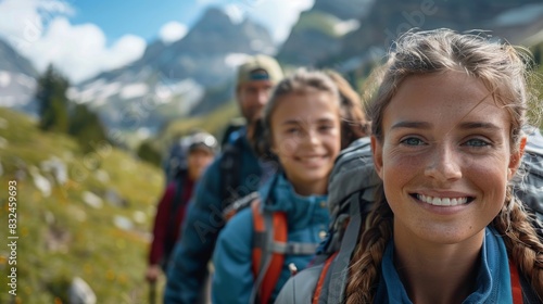 High-detail photo of a family enjoying a hike in the mountains, all smiling and looking healthy