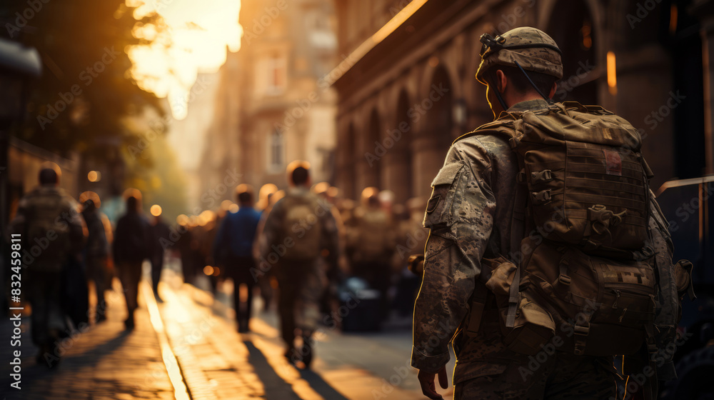 Rear view of a soldier walking on the street at sunset. Rear view of a soldier walking on the street at sunset.