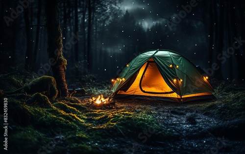 Hikers tent illuminated from within in a dark forest close up, wilderness camping, realistic, manipulation, dense forest backdrop