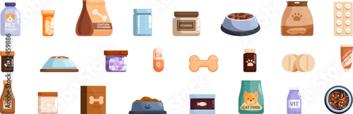 Vitamins pets icons set vector. A collection of pet supplies including dog food, medicine, and toys. Concept of care and responsibility for pets