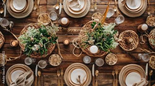 A rustic dining table set with earth-tone dishes, woven placemats, and natural centerpieces photo