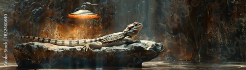 Bearded dragon lizard basking under a heat lamp in a terrarium, with a natural looking rocky background and warm lighting. photo