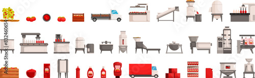 Tomato Ketchup Production icons set vector. A series of images depicting various food processing and packaging facilities. The images include a truck, a conveyor belt, a machine, and a refrigerator