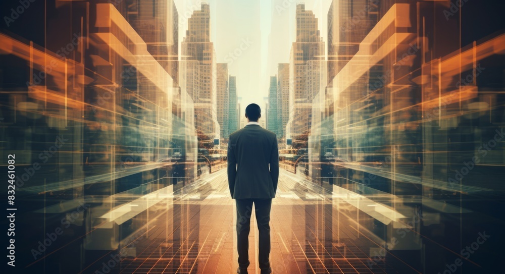 Businessman in front of modern city with double exposure of lights. Businessman in front of modern city with double exposure of lights.