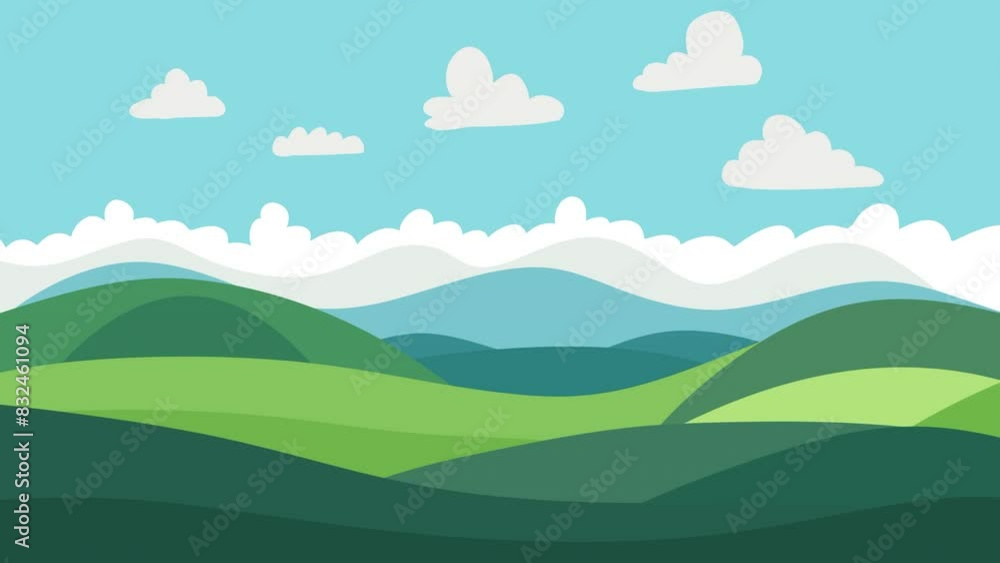 Animated landscape illustration featuring rolling green hills under a blue sky with clouds Animated landscape illustration featuring rolling green hills under a blue sky with clouds