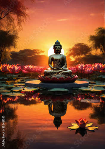 Buddha statute at sunset. Big buddha statute under water