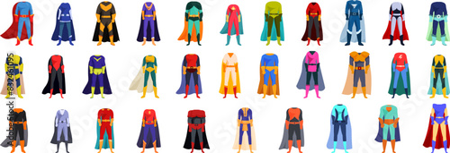 Superhero costume cloak icons set vector. The image is a vibrant display of various colors and styles, showcasing the diversity of the characters