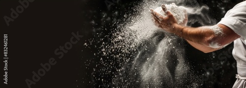 baker throwing flour into the air, banner with copy space, black background © Xabi