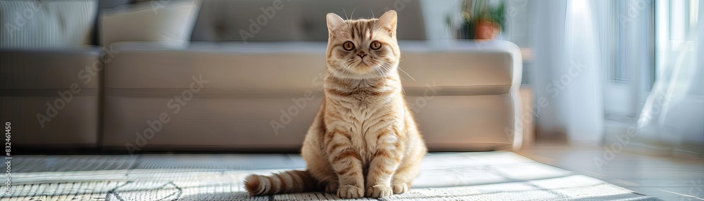 Cute tabby cat lounging on a cozy living room carpet in a well-lit, modern home with a comfortable sofa in the background.