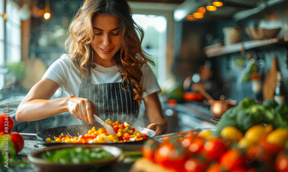 Woman Cooking Healthy Stir Fried Vegetables in Modern Kitchen During Daytime, Fresh Ingredients, Nutritious Meal Preparation, Home Cooking, Vibrant Colors, Joyful Culinary Experience Woman Cooking Healthy Stir Fried Vegetables in Modern Kitchen During Daytime, Fresh Ingredients, Nutritious Meal Preparation, Home Cooking, Vibrant Colors, Joyful Culinary Experience