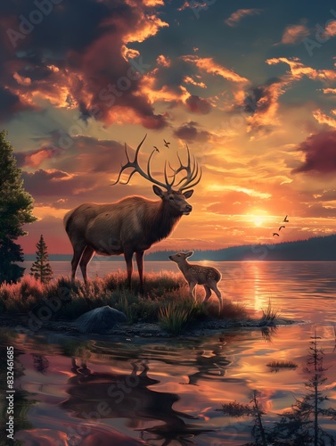 A picturesque scene of two deer standing by a lake at sunset. The larger deer stands tall  its antlers reaching towards the sky  while the smaller deer drinks from the water. Generative AI