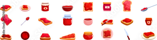 Jam toast icons set vector. A row of food items with a red jelly spread on them. The jelly spread is in various shapes and sizes, and some of the items are cut in half. There are also utensils such as