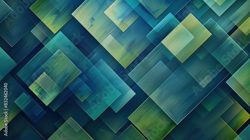 geometric background with overlapping rectangles in various shades of blue and green