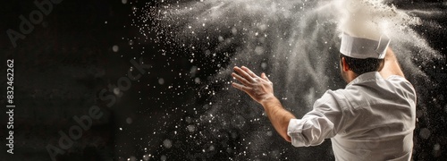 baker throwing flour into the air  banner with copy space  black background