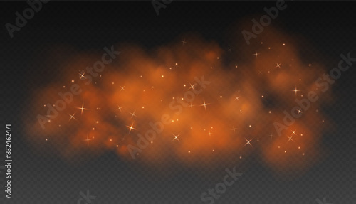 Orange magic smoke with stars and sparkles, fog with glowing particles, colorful vapor with star dust. Fantasy haze overlay. Vector illustration.