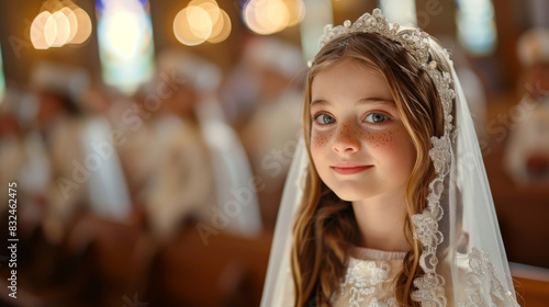 Young girl smiling in a beautiful First Communion dress inside a church, radiating joy and innocence.