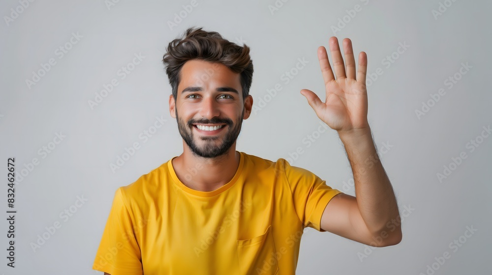 Man Wearing Yellow Shirt Smiling and Waving Against Plain Gray Background. Generative AI Man Wearing Yellow Shirt Smiling and Waving Against Plain Gray Background. Generative AI