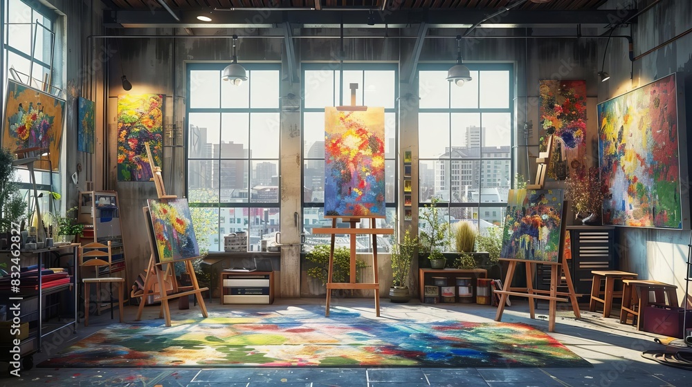 Obraz premium A bright, colorful artist's studio with paintings on easels and large windows letting in natural light, showcasing creativity and inspiration.