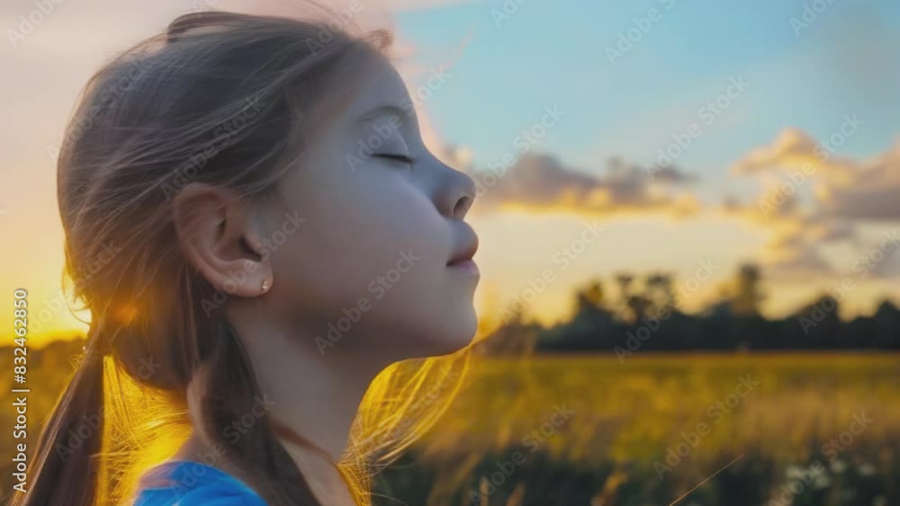 A young girl prays in front of the setting sun. A young girl prays in front of the setting sun.