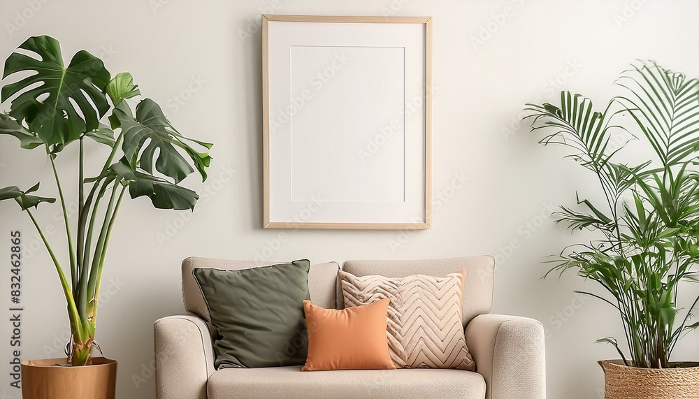 Naklejka premium Modern Scandinavian Interior: 3D Render of Living Room Poster Frame