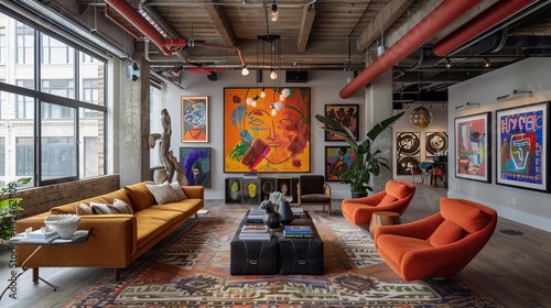 Modern industrial loft with vibrant artwork, wooden furniture, and large windows providing natural light. Orange chairs and a colorful rug accentuate the space. photo