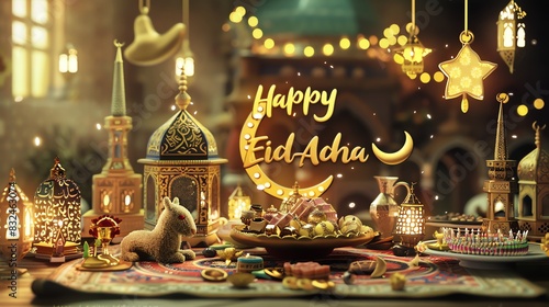 Unique eid al-adha celebration with arabic calligraphy and lanterns