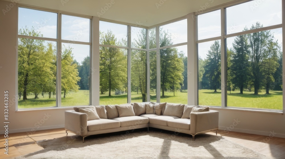 Fototapeta premium Modern Living Room with Sectional Sofa and Large Windows
