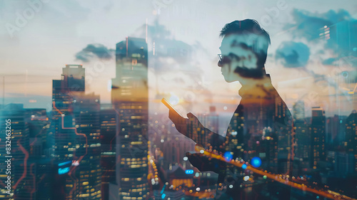 Businessman holding phone blended with panoramic city backdrop, close up, focus on, rich colors, Double exposure silhouette with city skyline