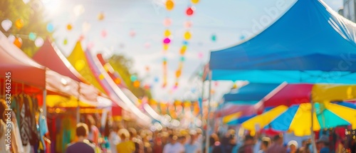 Colorful outdoor market scene with vibrant tents and decorations, showcasing a lively atmosphere under a sunny sky. © HADAPI