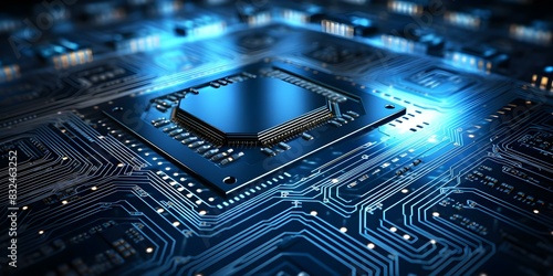 Blue circuit board background featuring a computer chip for technology or electronics concept. Concept Technology, Electronics, Circuit Board, Computer Chip, Background