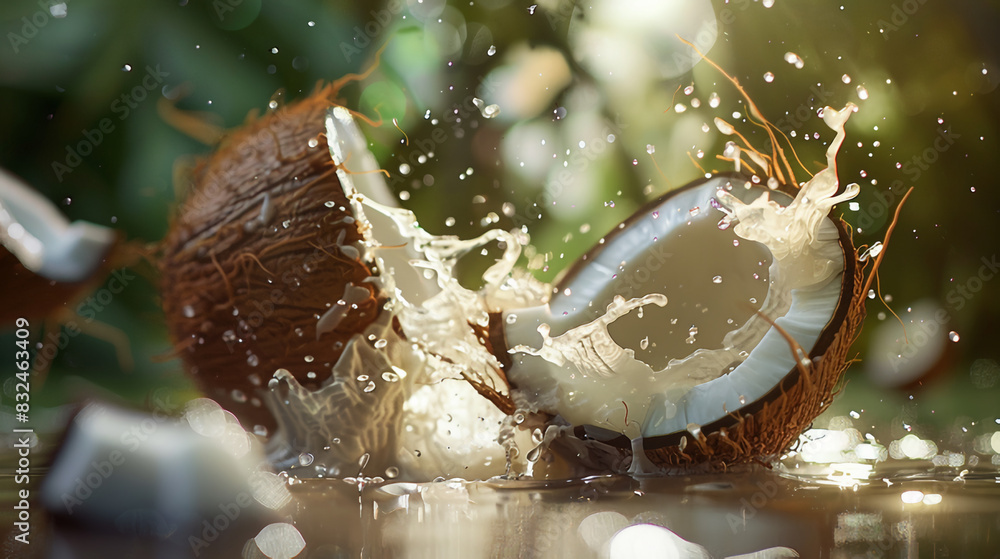 Breaking coconut, coconut milk, close-up, juicy coconut Breaking coconut, coconut milk, close-up, juicy coconut