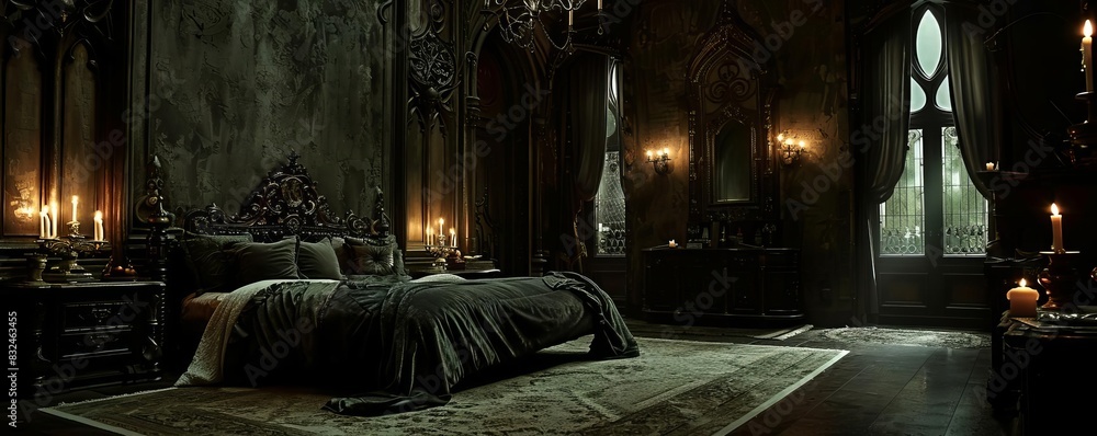 Gothic-inspired bedroom with dark, ornate decor, lit by candlelight, creating a mysterious and elegant atmosphere, perfect for a haunting ambiance.