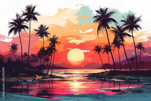 Vibrant sunset over a tropical beach with silhouetted palm trees and colorful sky reflecting off the tranquil water.
