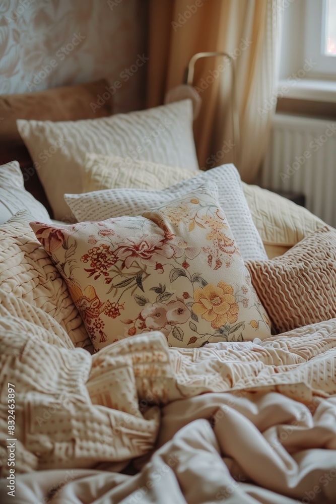 bed with a variety of decorative pillows, including floral and patterned designs. The room has a cozy and inviting feel with soft, neutral colors bed with a variety of decorative pillows, including floral and patterned designs. The room has a cozy and inviting feel with soft, neutral colors