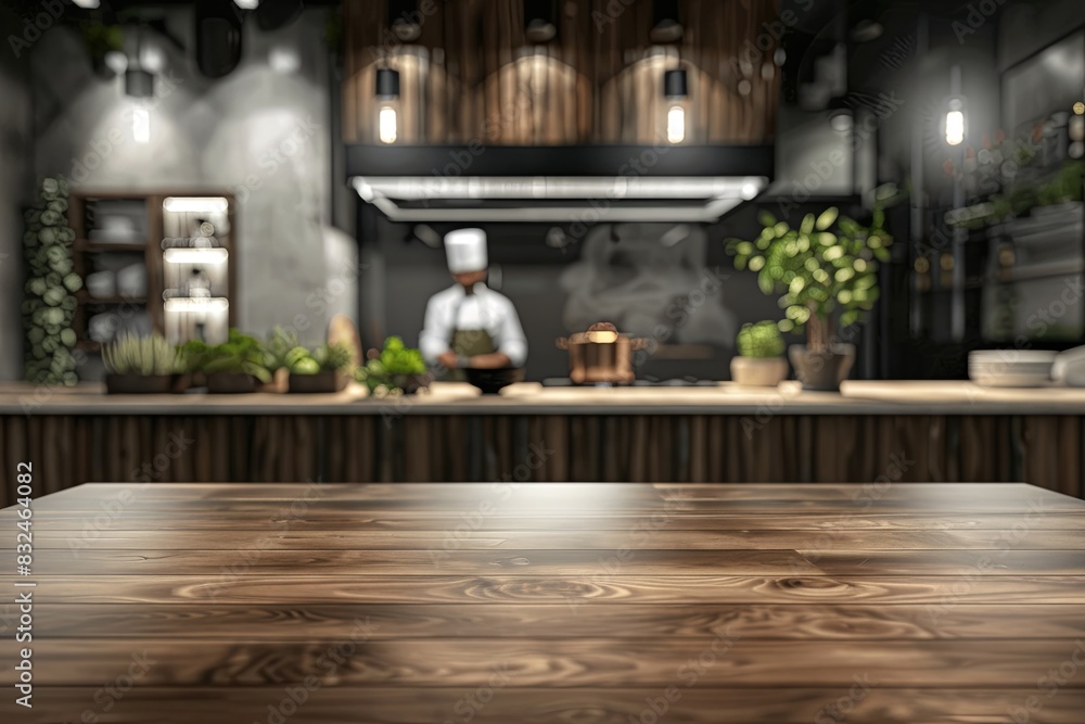 An Open Kitchen Concept with a Welcoming Wooden Table and Blurred Chef Cooking in the Background