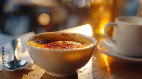 Close up of a bowl of tasty creme brulee on a table photo