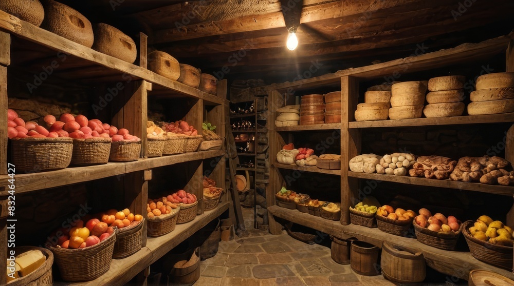 Rustic Wooden Shelves Filled with Baskets of Fruit and Vegetables in a Dark Cellar