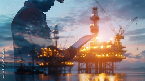 Engineer holding tablet combined with offshore oil platforms, close up, focus on, striking palette, Double exposure silhouette with energy sector photo